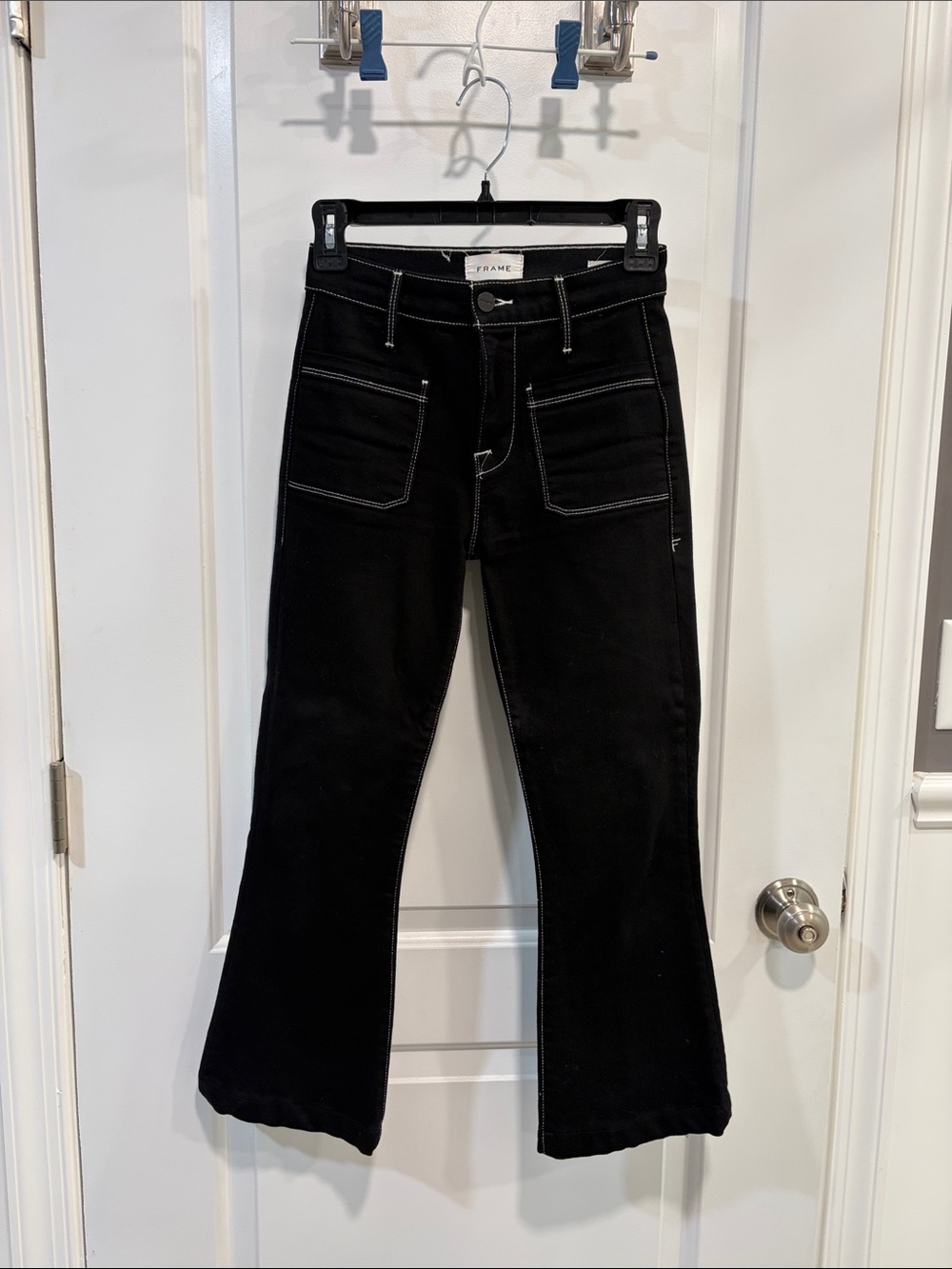 FRAME Black Jeans with White Contrast Stitching - Le Bardot Crop Flare